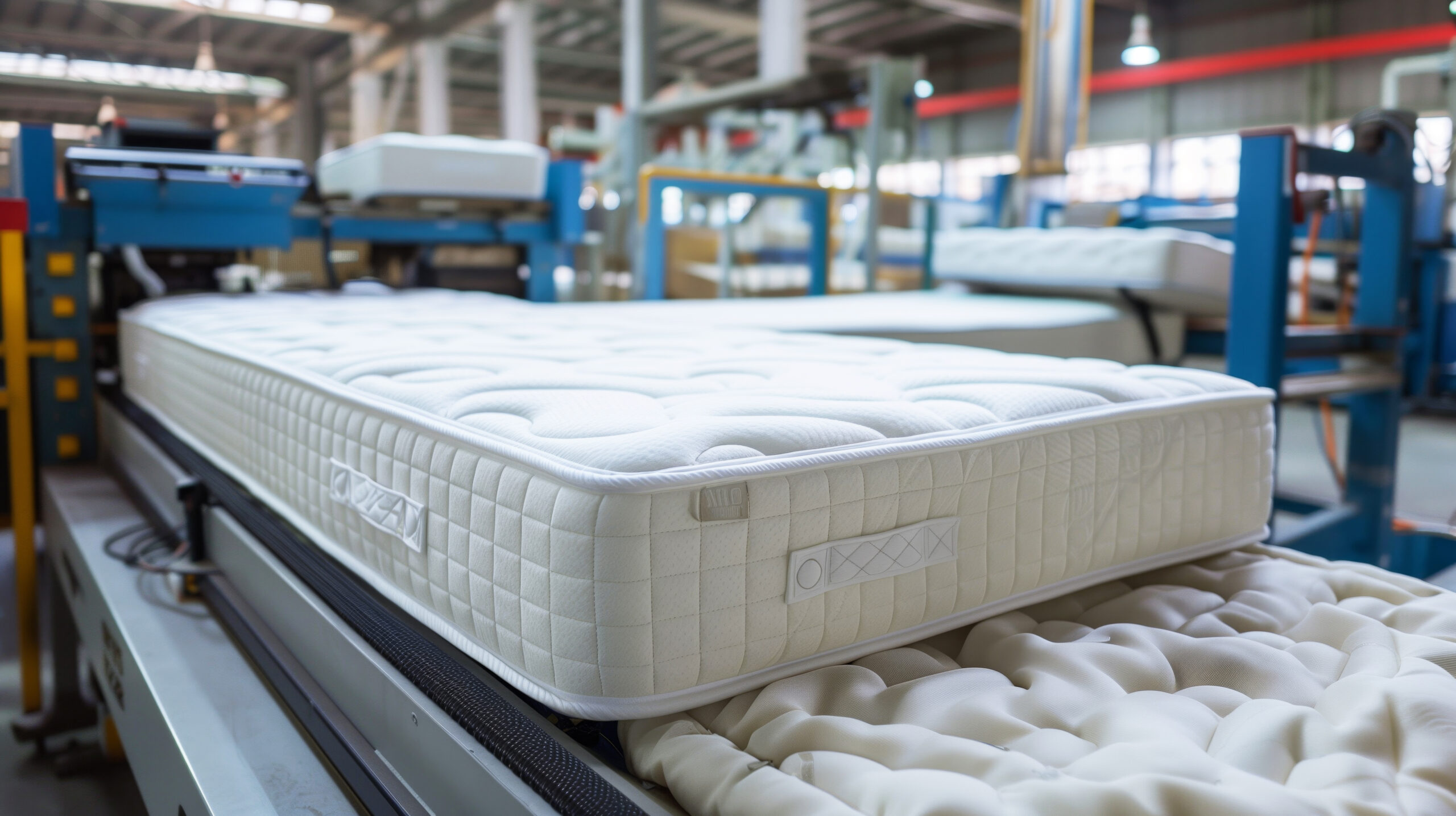 A close-up of a high-quality mattress on a production line in a factory. The focus is on the detailed stitching and texture of the mattress, with industrial machinery in the background. Australian Bedding Stewardship Council mattress manufacture